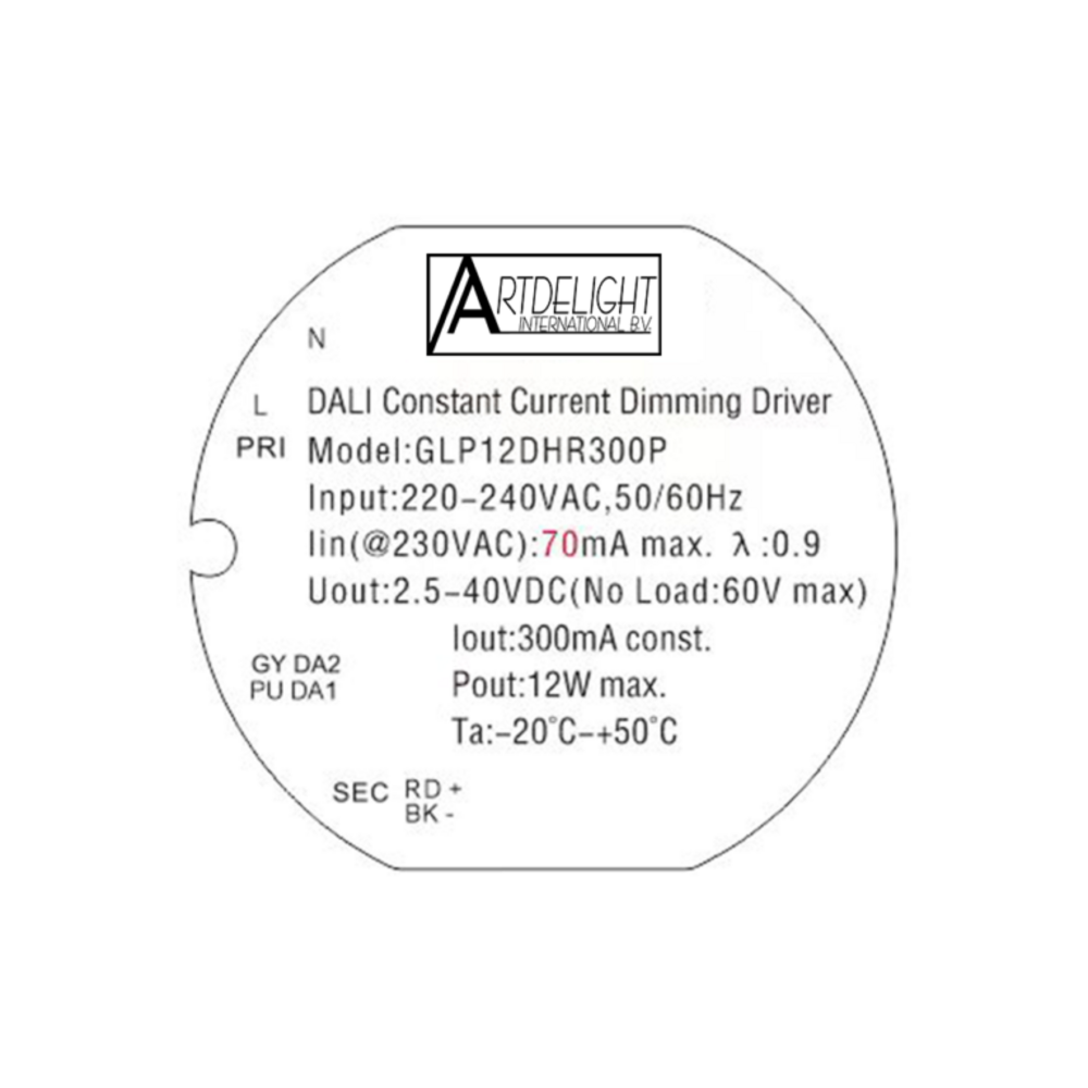Artdelight Dimbare LED DALI Driver  12W - 70Ma - 2.5-40V DC | 60v - type GLP12DHR300P