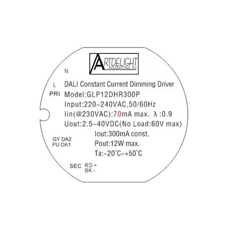 Artdelight Dimbare LED DALI Driver  12W - 70Ma - 2.5-40V DC | 60v - type GLP12DHR300P