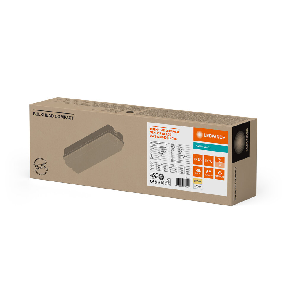 Ledvance Zakelijk: Professionele LED Verlichting & Armaturen | voor de installateur LED Bulkhead Opbouwlamp - Zwart - IP65 IK10 - 5W/7W/9W - 3000K/4000K - 356x80x115mm | CCT SWITCH - DIP SWITCH - Beweging & Lichtsensor