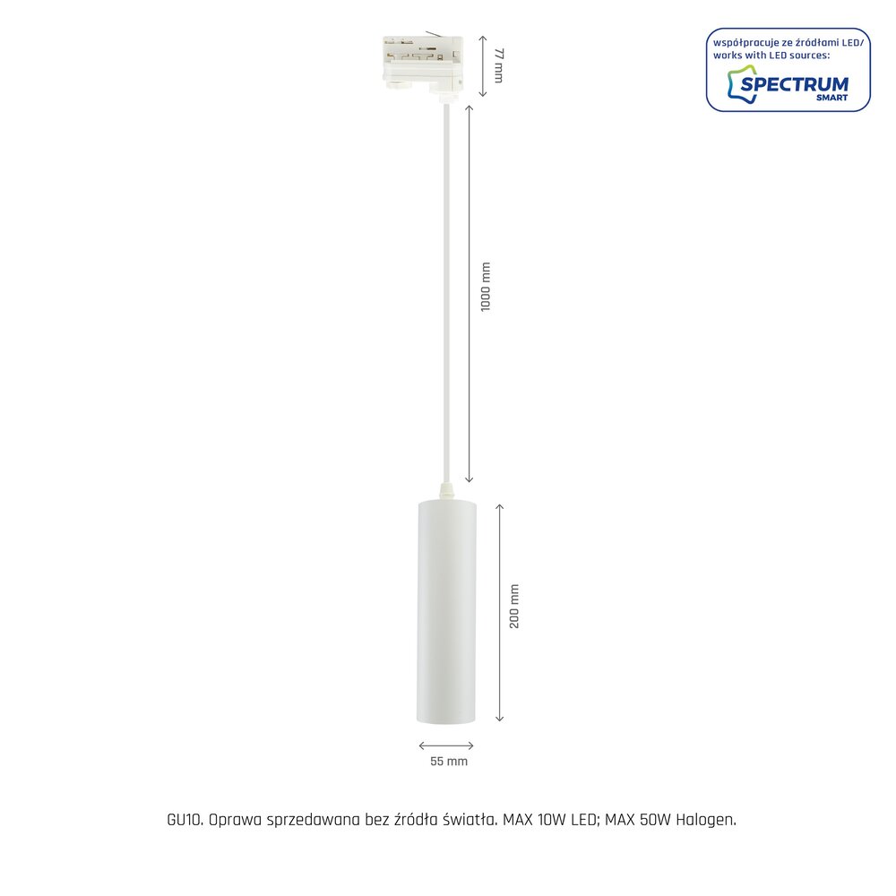 Spectrum 3-Fase Spanningsrail Hanglamp GU10 Fitting | Madara Tube Mat Wit - 3 phase - pendel 1 Meter Spectrum 3-Fase Spanningsrail Hanglamp GU10 Fitting | Madara Tube Mat Wit - 3 phase - pendel 1 Meter