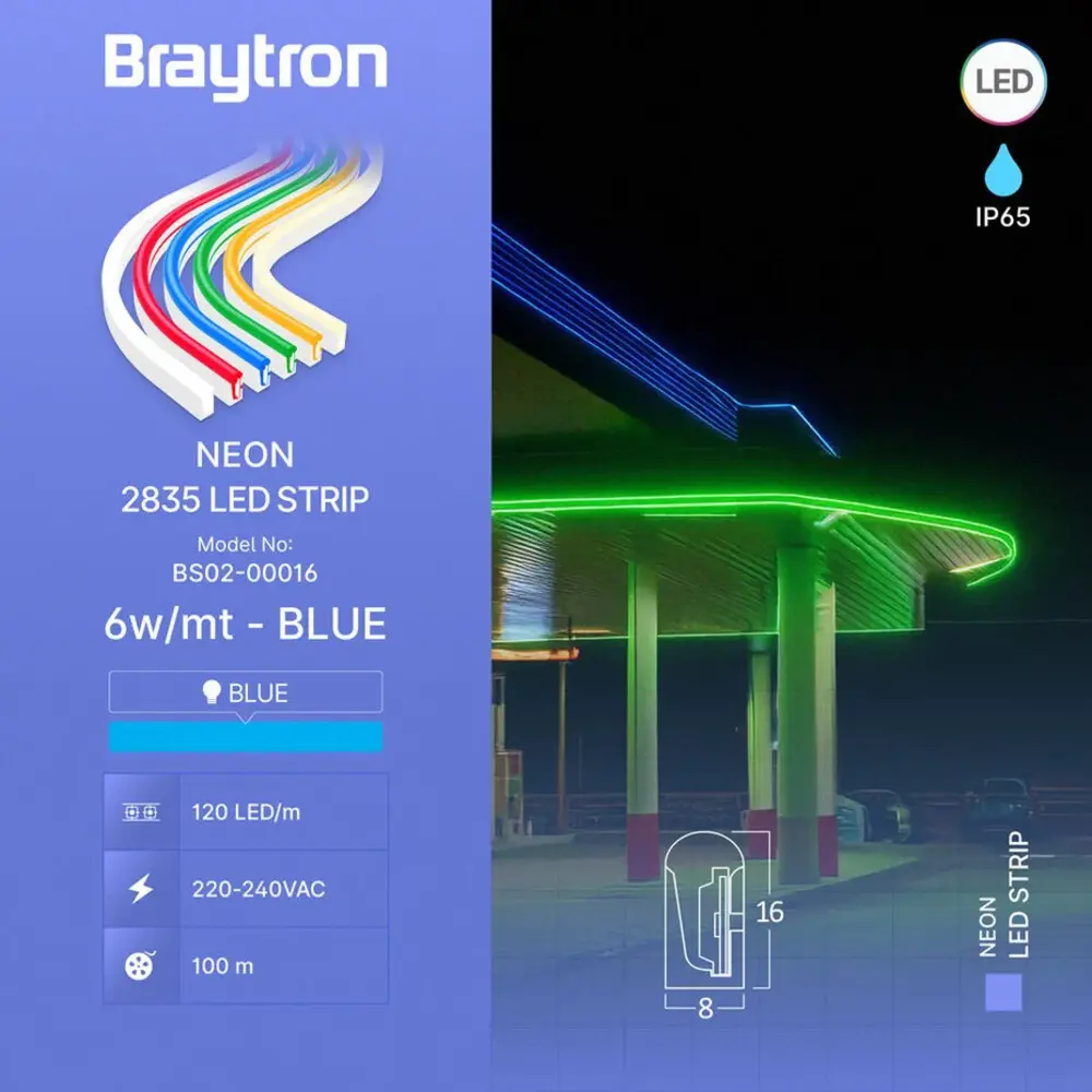 Braytron LED Strip - 100m - 230V AC - 6W 350lm p/m - Blauw - Neon - IP65 Braytron LED Strip - 100m - 230V AC - 6W 350lm p/m - Blauw - Neon - IP65