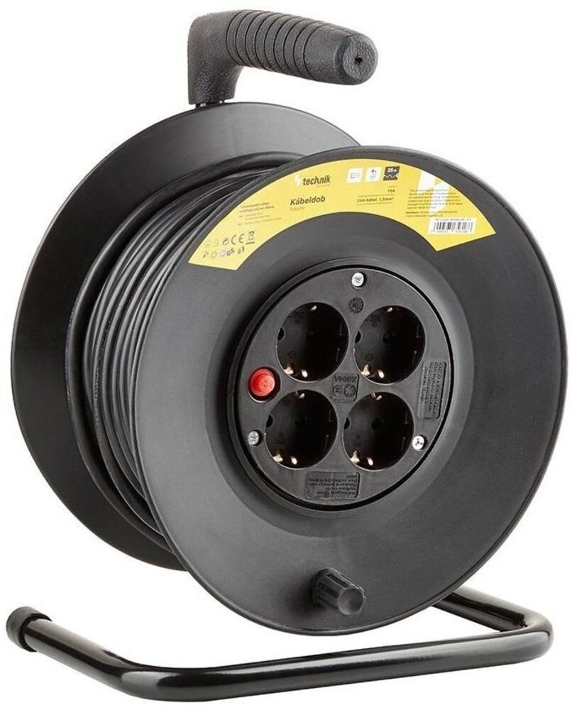 Technik Kabelhaspel 25m - 4-voudig met randaarde -  3x1.5mm2 - zwart Technik Kabelhaspel 25m - 4-voudig met randaarde -  3x1.5mm2 - zwart