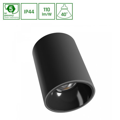 Spectrum ORBITO Surface 10W WW 230V 40° IP44 UGR<19 RA90 Ø75×100mm Zwart Rond – 5 Jaar Garantie