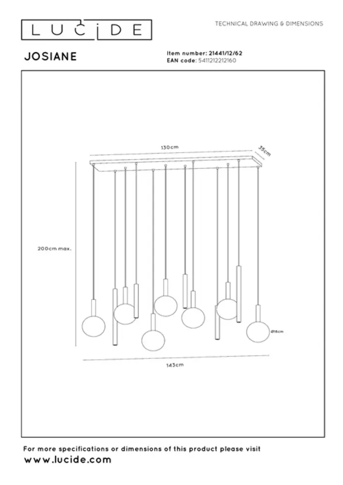 Lucide  JOSIANE - Hanglamp - 7xG9 - Zwart | Vibes