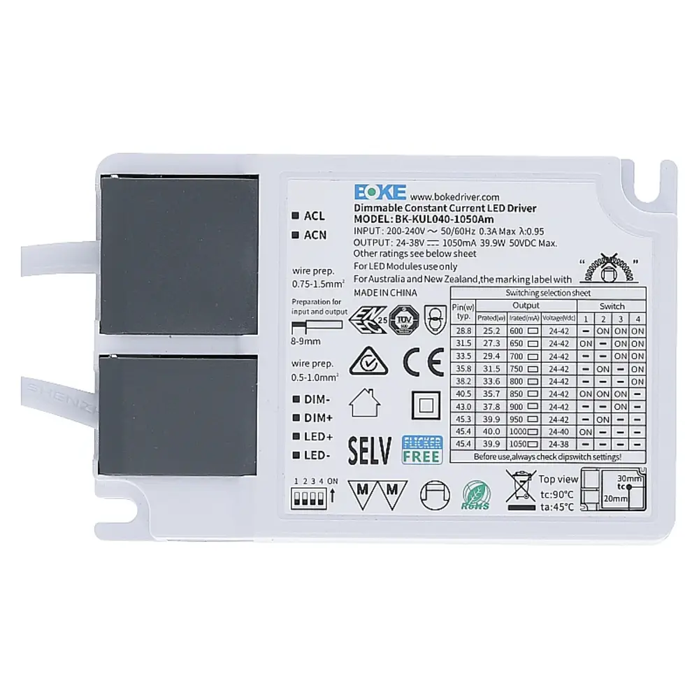 BOKE Dimbare LED Driver 42W 1-10V - Dipswitch 0.45-1.05A | incl. 1.5meter Eurostekker