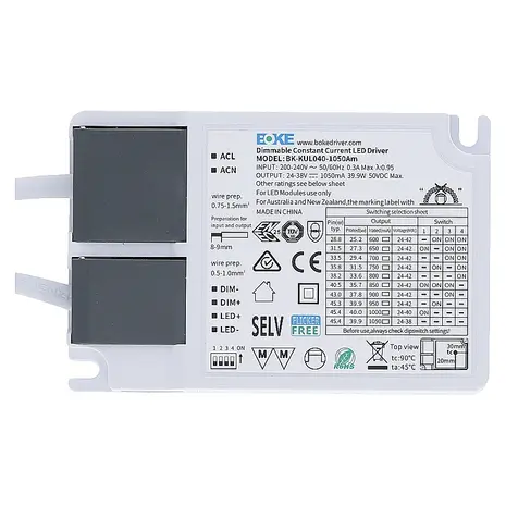 BOKE Dimbare LED Driver 42W 1-10V - Dipswitch 0.45-1.05A | incl. 1.5meter Eurostekker