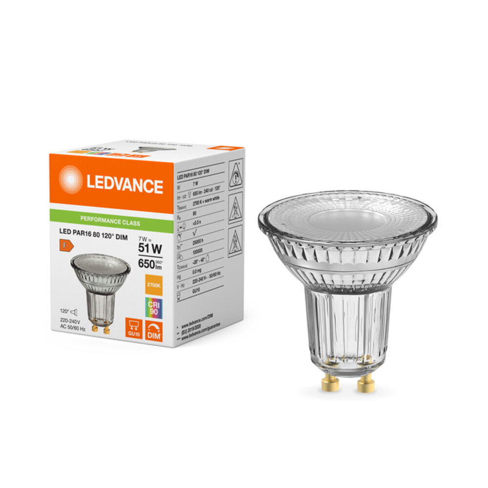 Ledvance Zakelijk: Professionele LED Verlichting & Armaturen Dimbare LED Spot GU10 PAR16 - 7W 650Lm - 2700K 927 Zeer Warm Wit | 120D - TRIAC DIM - CRI93+ - Vervangt 51W