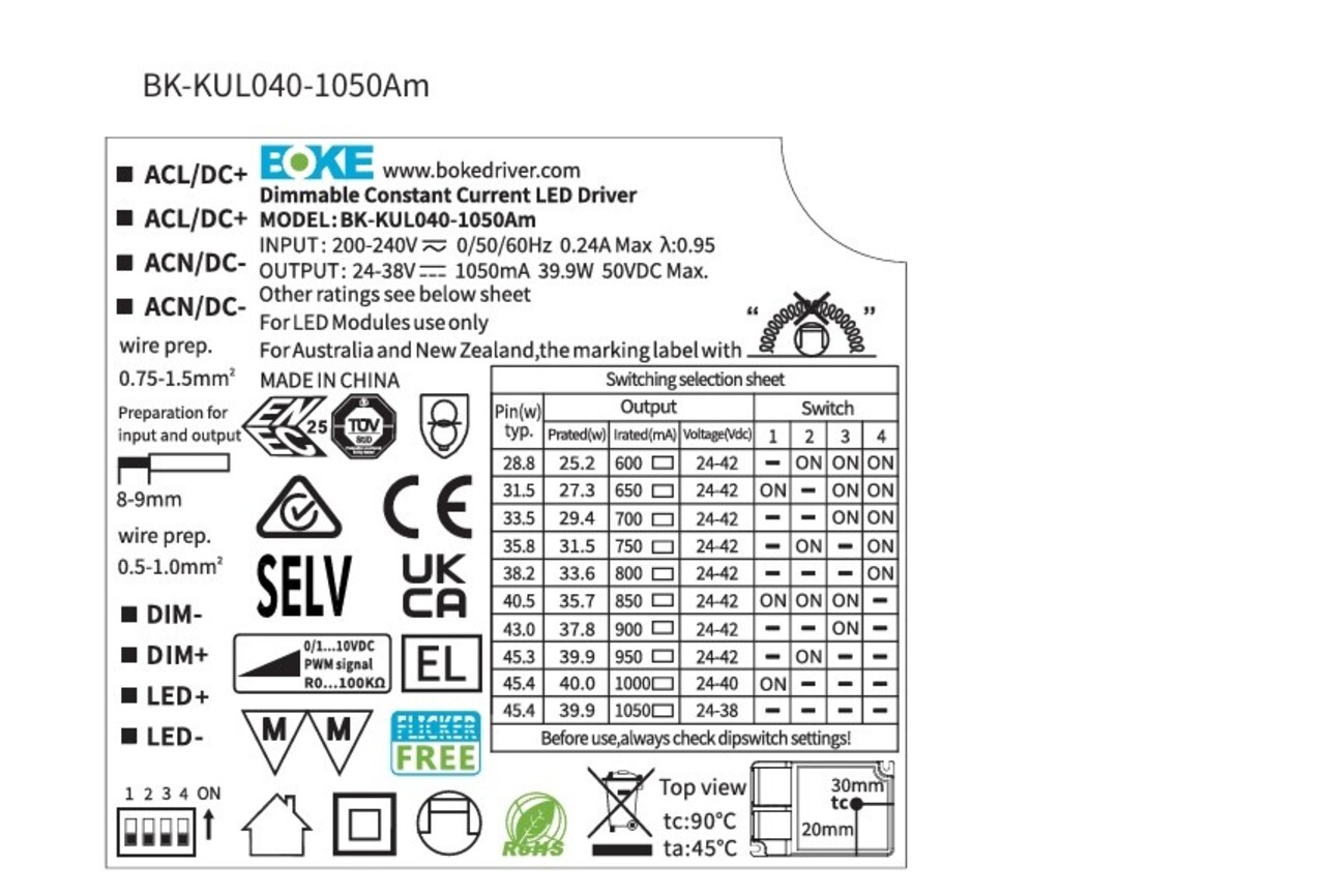 BOKE Dimbare LED Driver 42W 1-10V - Dipswitch 0.45-1.05A Multi Lumen Switch | Female connector - incl. 1.5meter Eurostekker