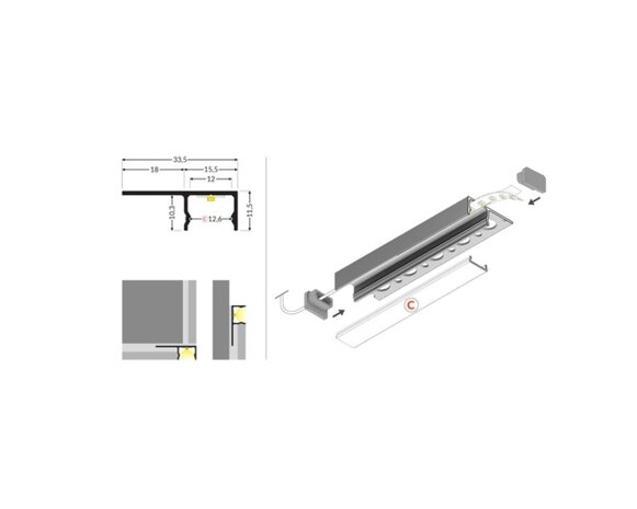 LCB LED Profiel - Uni Tile - 2 Meter - voor tegel en instucen LCB LED Profiel - Uni Tile - 2 Meter - voor tegel en instucen