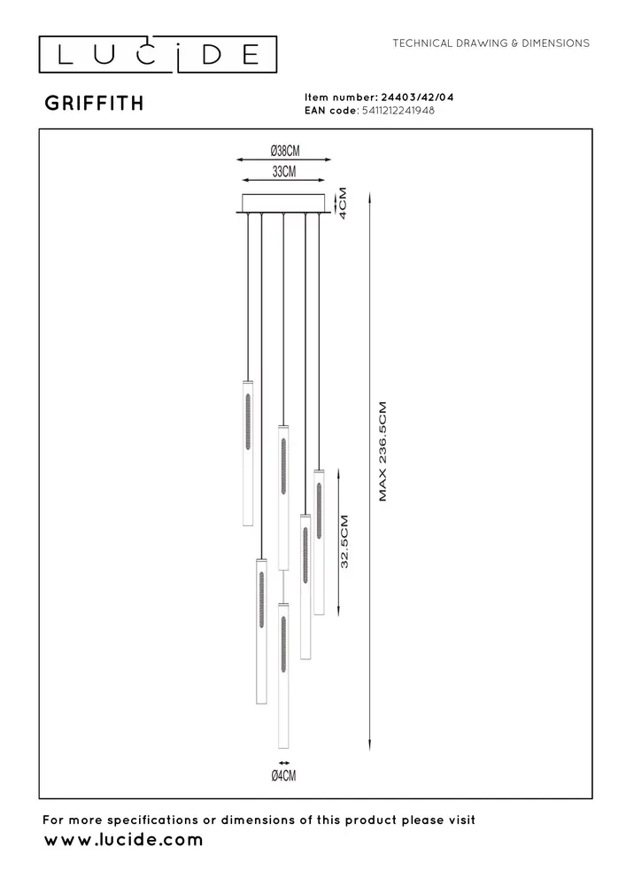Lucide Lucide GRIFFITH - Hanglamp - Ø 38 cm - LED Dimb. - CCT - 6x6W 2700K/4000K - Brons | Premium