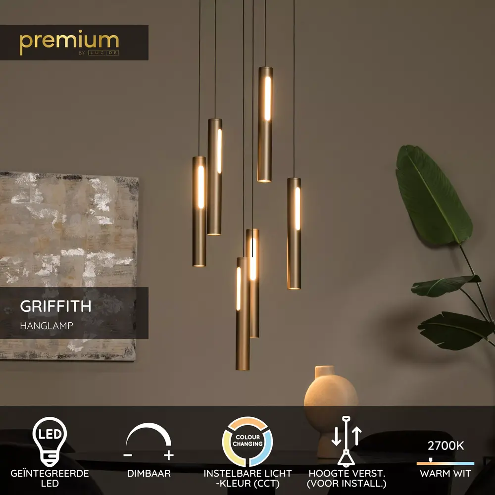 Lucide Lucide GRIFFITH - Hanglamp - Ø 38 cm - LED Dimb. - CCT - 6x6W 2700K/4000K - Brons | Premium
