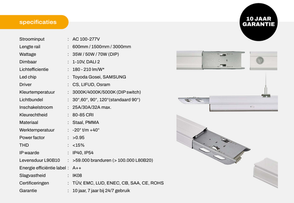 Dimbare DALI Lichtlijn 150cm - PADEL PRO SIRIUS - 35-50W | 7.000-10.000 Lumen | Multi Lumen Switch | 4000K 840 Koel Wit | IK08 Balvast | DALI-2 DIM | 90D | 10 Jaar Garantie