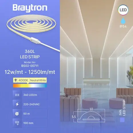 Braytron LED Strip - 50m - 220-240V - 12W 1250lm p/m - 4000K - COB - IP65