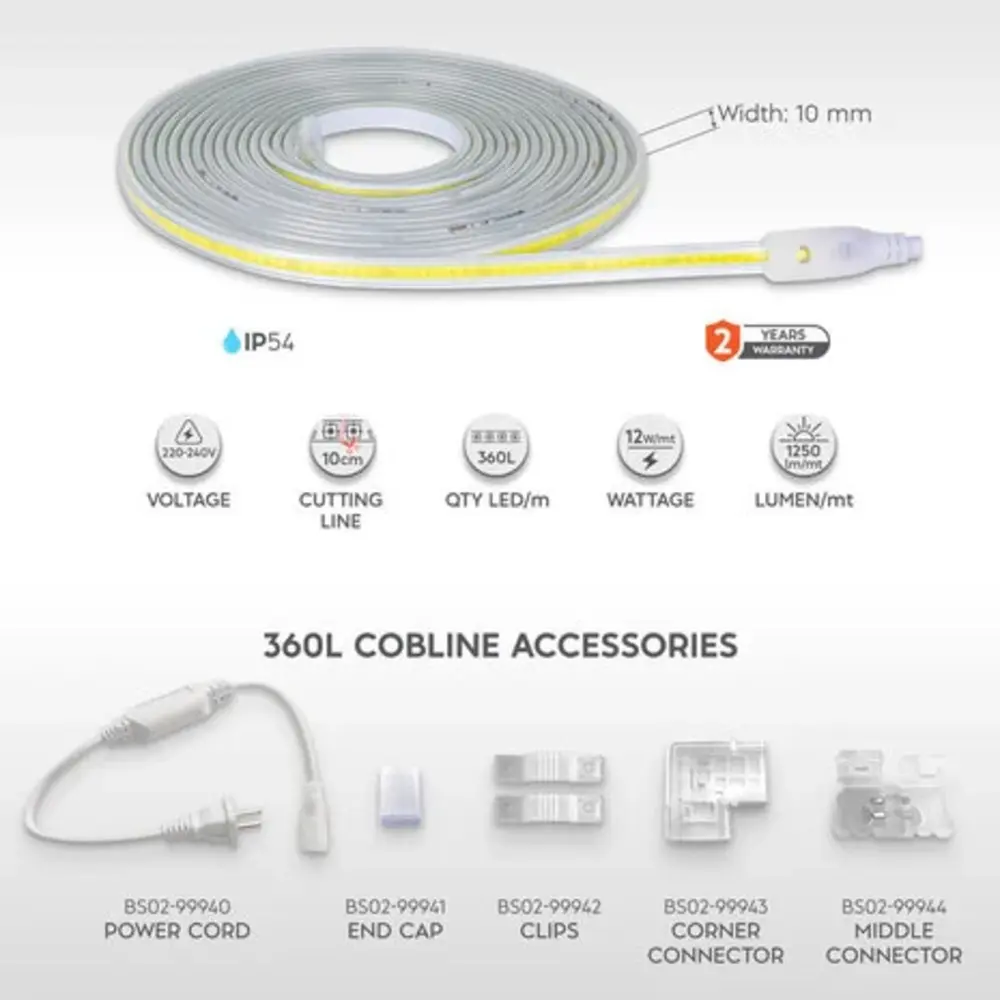 Braytron LED Strip - 50m - 220-240V - 12W 1250lm p/m - 4000K - COB - IP65
