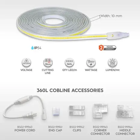 Braytron LED Strip - 50m - 220-240V - 12W 1250lm p/m - 4000K - COB - IP65