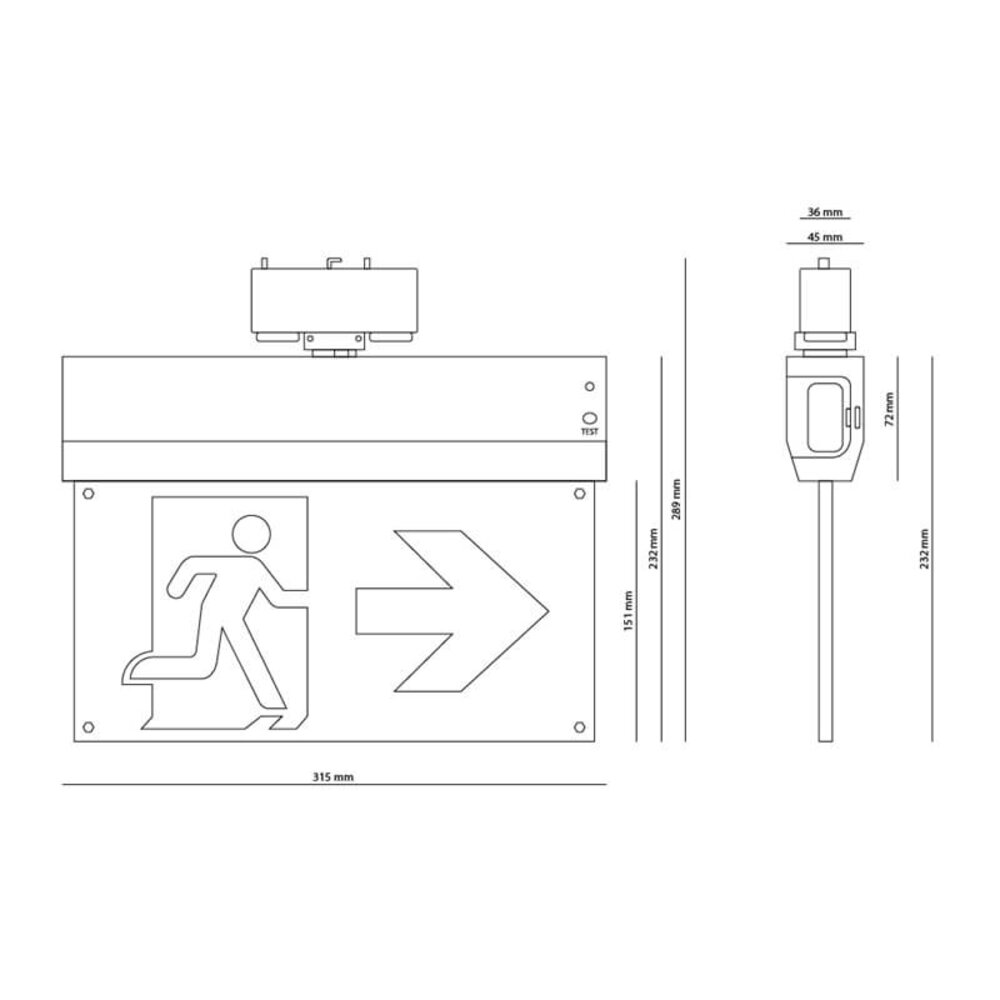 Tronix LED Spanningsrail 3-Fase Noodarmatuur - 1W 35Lm | 25 Meter - Zwart - Noodvluchtweg aanduiding - Incl. Pictogram