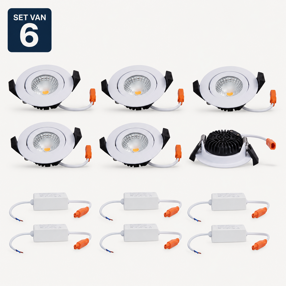 LCB LED Europe  Set van 6 LED Inbouwspots IP65 Wit 82mm 5W 2700K Triac Dimbaar