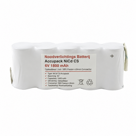 LCB LED Europe  Noodverlichtings Batterij Accupack NiCD CS 6V 1800 mAh | Oplaadbaar | Incl.  SBS Faston 4.8MM Connector