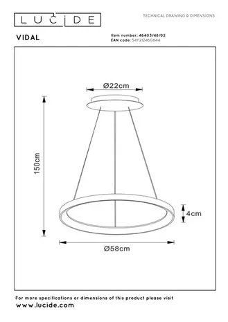 Lucide Dimbare LED Hanglamp - 580MM  Ringlamp VIDAL Goud -1x 48W 2700K - Mat Goud / Messing  - 1-Lichts  |  TRIAC Dimbaar - 3 Jaar Garantie