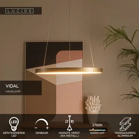 Lucide Dimbare LED Hanglamp - 580MM  Ringlamp VIDAL Goud -1x 48W 2700K - Mat Goud / Messing  - 1-Lichts  |  TRIAC Dimbaar - 3 Jaar Garantie