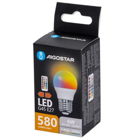 Aigostar LED Bulb E27 G45 - 6W 580lm - RGB + Warm Wit 3000K – Kleurrijke LED Lamp + RF Afstandsbediening Aigostar LED Bulb E27 G45 - 6W 580lm - RGB + Warm Wit 3000K – Kleurrijke LED Lamp + RF Afstandsbediening