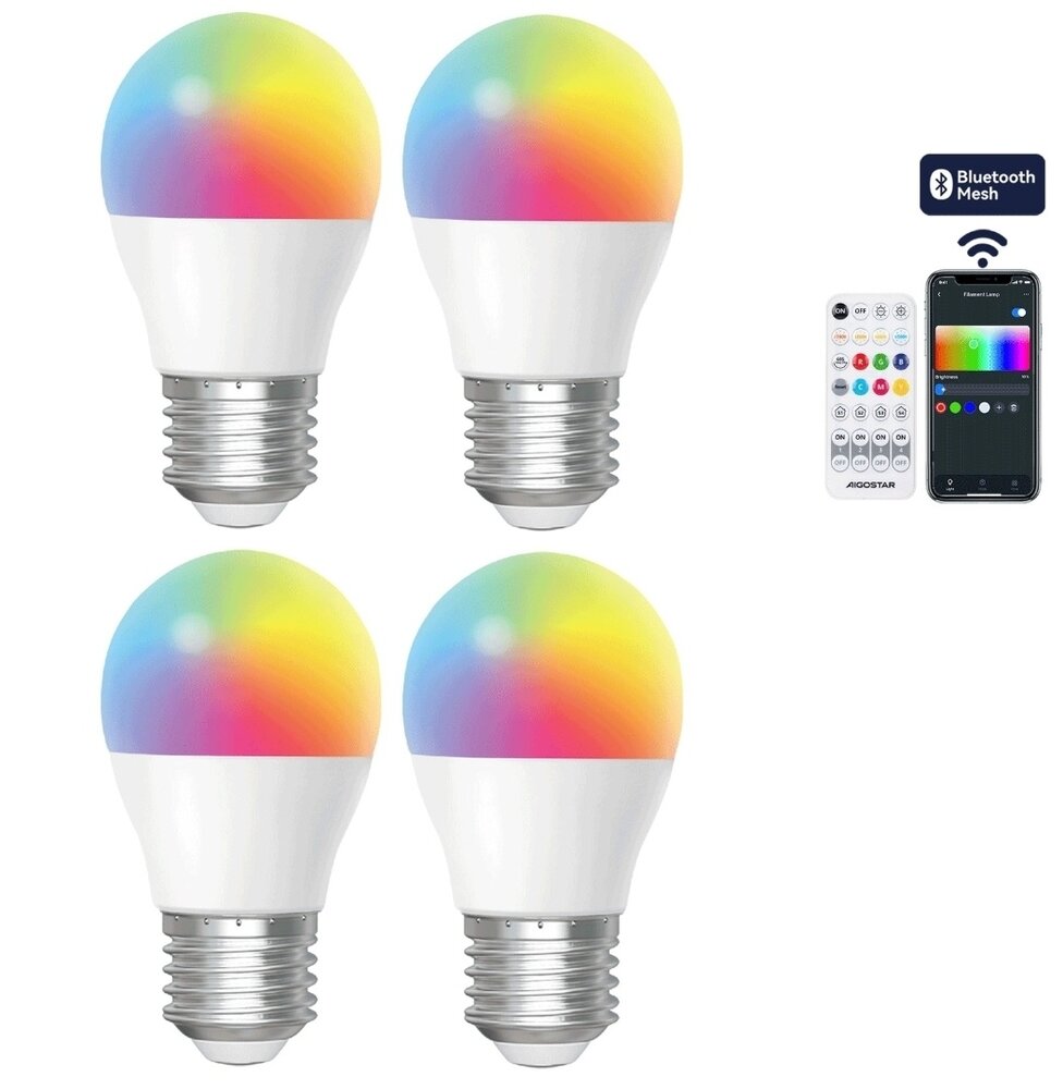 Aigostar LED Bulb E27 G45 - 6.5W 580lm - RGB + CCT – Kleurrijke LED Lamp Set 4 stuks + RF Afstandsbediening Aigostar LED Bulb E27 G45 - 6.5W 580lm - RGB + CCT – Kleurrijke LED Lamp Set 4 stuks + RF Afstandsbediening
