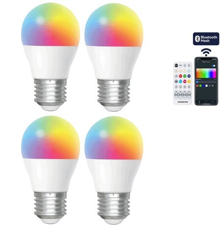 Aigostar LED Bulb E27 G45 - 6.5W 580lm - RGB + CCT – Kleurrijke LED Lamp Set 4 stuks + RF Afstandsbediening Aigostar LED Bulb E27 G45 - 6.5W 580lm - RGB + CCT – Kleurrijke LED Lamp Set 4 stuks + RF Afstandsbediening