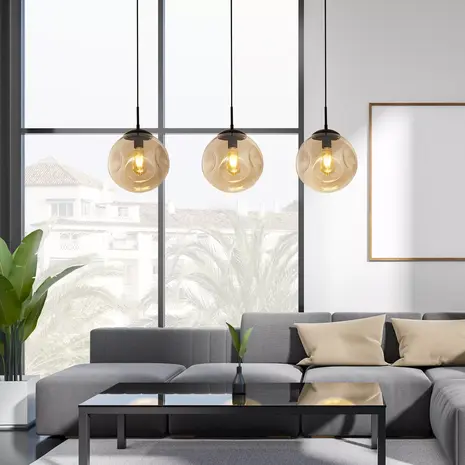 Searchlight Hanglamp PUNCH - 3-Lichts E27 - Zwart Metaal met Champagne Glas - 121cm | Dimbaar Searchlight Hanglamp PUNCH - 3-Lichts E27 - Zwart Metaal met Champagne Glas - 121cm | Dimbaar
