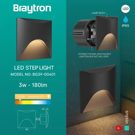 Braytron LED Trapverlichting VEKSUS Vierkant Zwart - 3W - 3000K - IP65 Braytron LED Trapverlichting VEKSUS Vierkant Zwart - 3W - 3000K - IP65