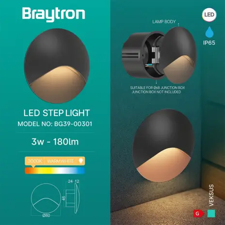 Braytron LED Trapverlichting VEKSUS Rond Zwart - 3W - 3000K - IP65