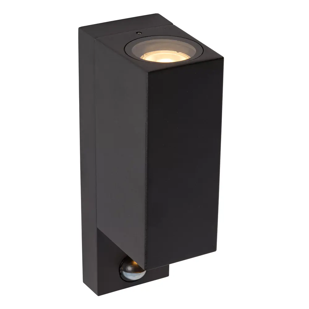 Lucide Lucide ZARO - Wandspot / Wandlamp Binnen/Buiten - 2xGU10 (MR16) - IP65 - Beweging & dag/nacht sensor (uitschakelbaar) - Zwart