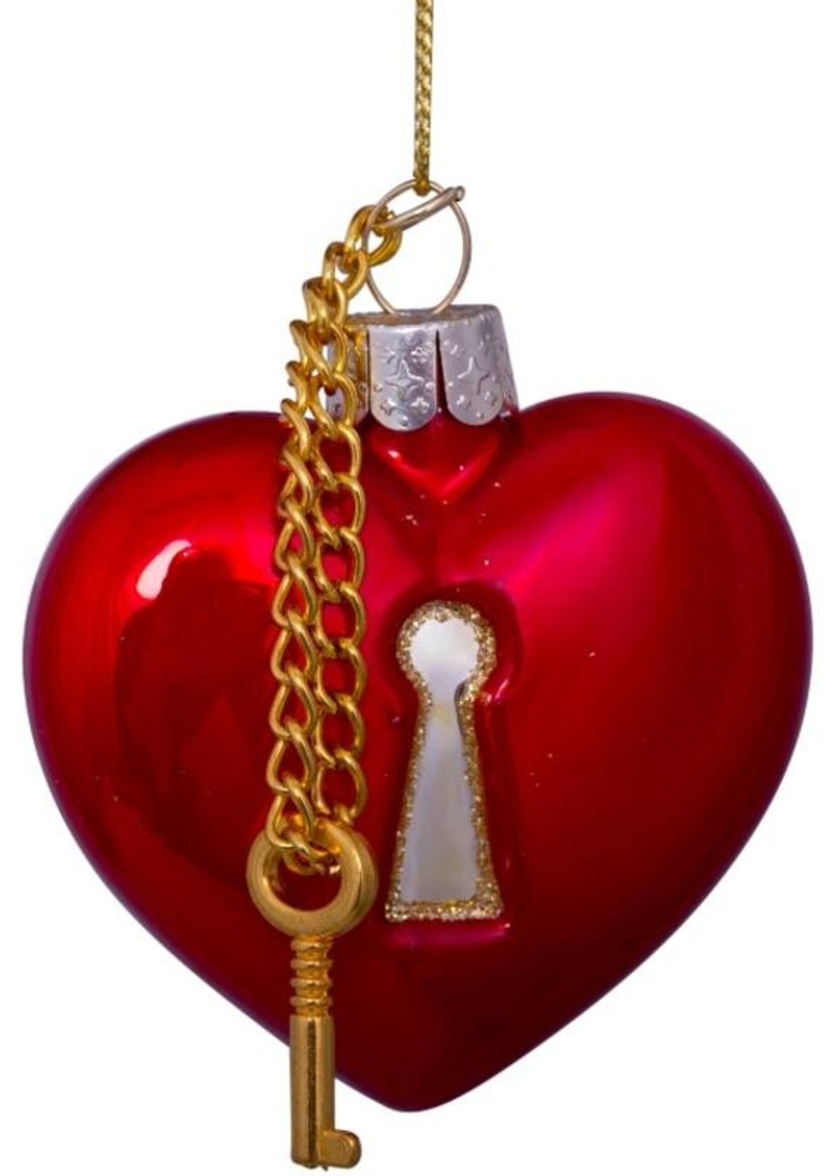 Vondels Ornament Glass Red Opal Heart With Key Lock H6.5cm