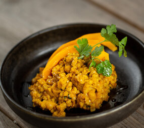 Botmas Pompoencurry met speltrissotto