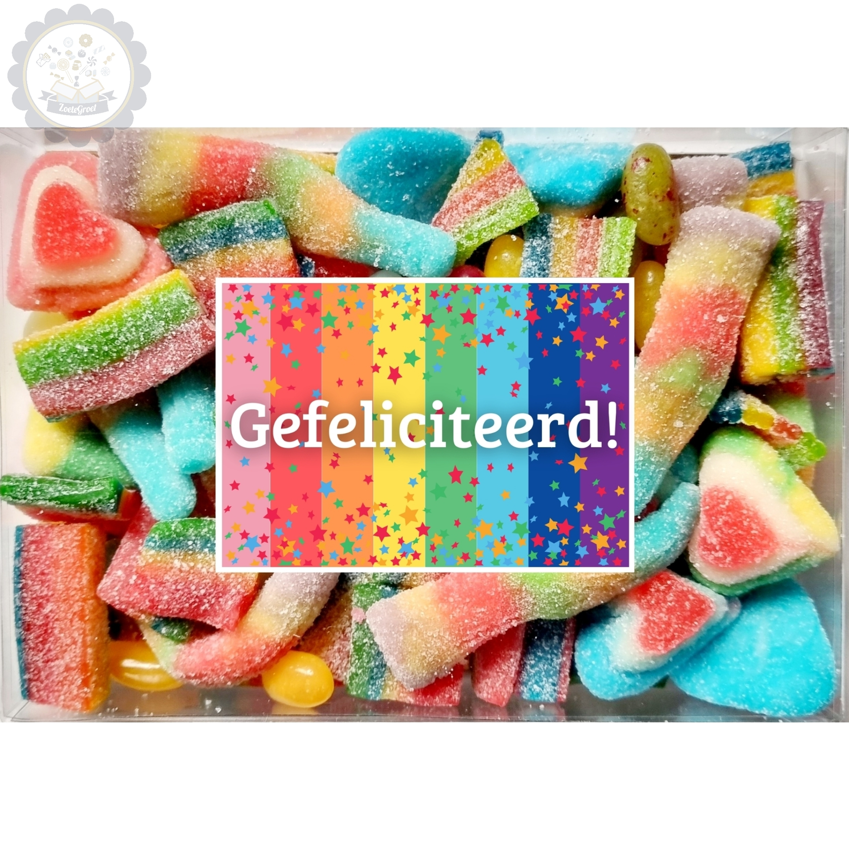 ZoeteGroet Snoepdoosje Regenboog: Gefeliciteerd!