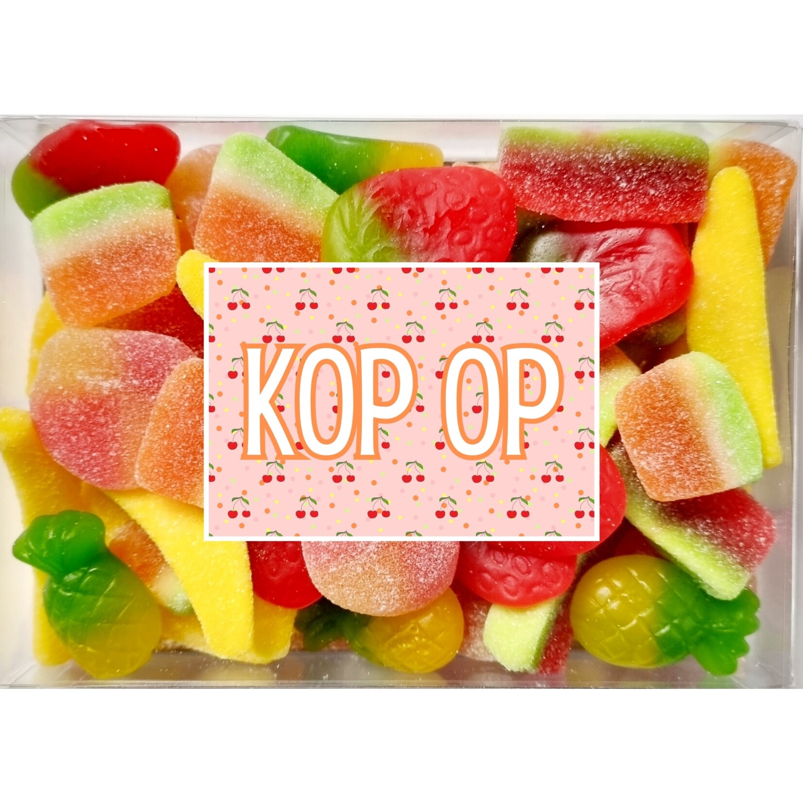 ZoeteGroet Minimix Snoepbox: Fruitmandje met sticker tekst naar keuze!
