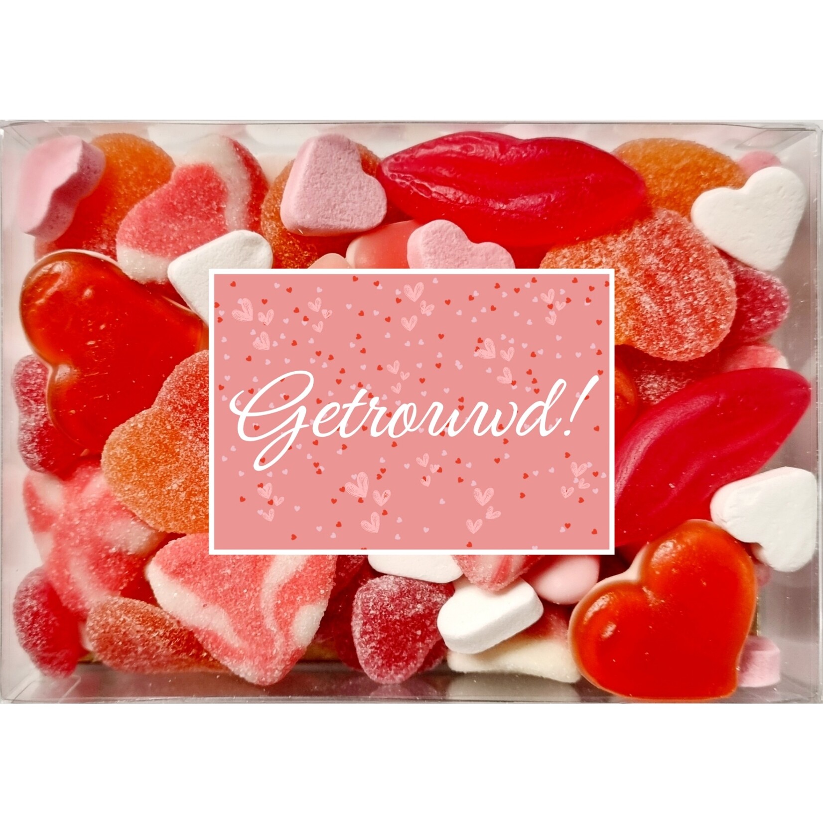 ZoeteGroet Minimix Snoepbox: Liefdes lekkers met sticker tekst naar keuze