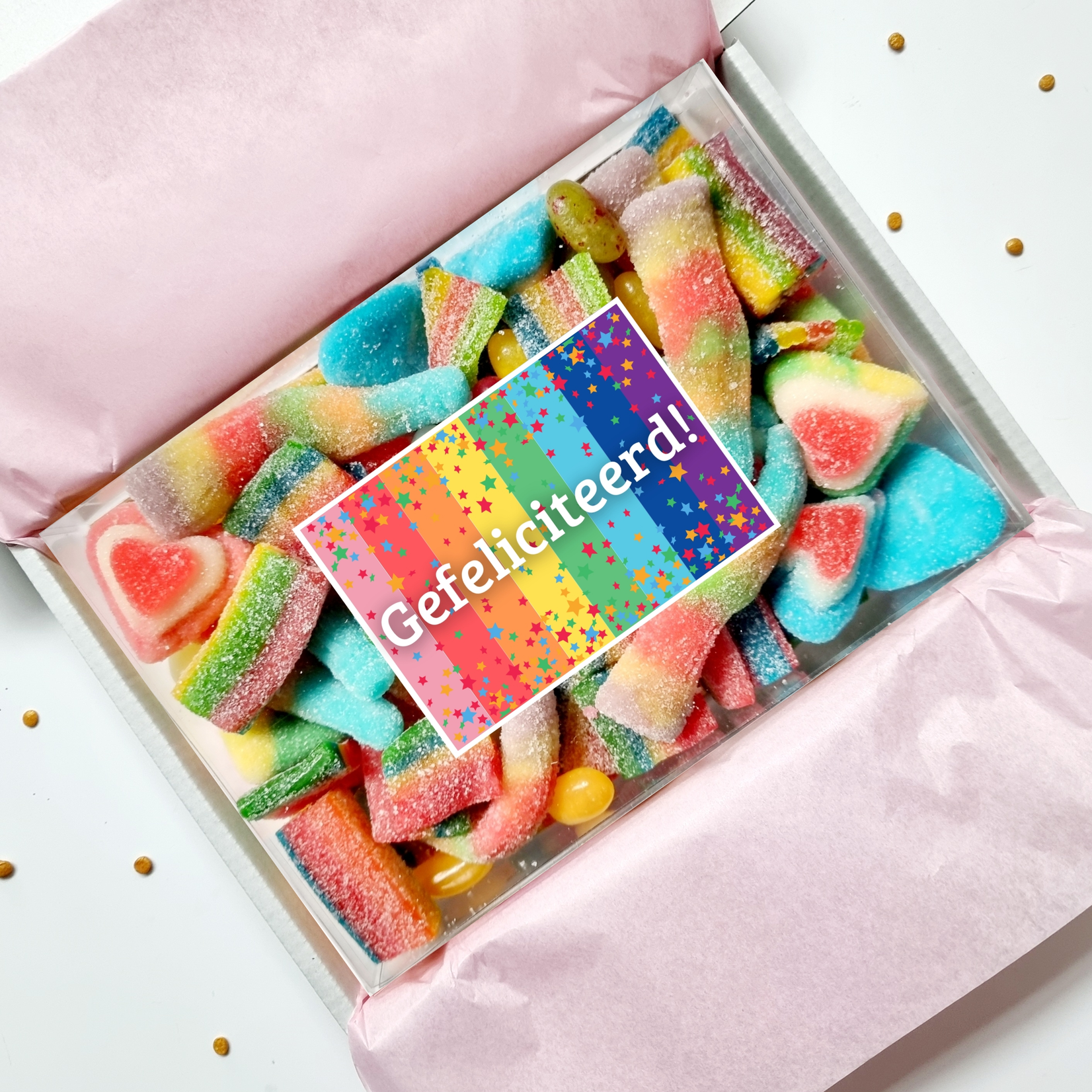 ZoeteGroet Minimix Snoepbox: Rainbow Rush met sticker tekst naar keuze!