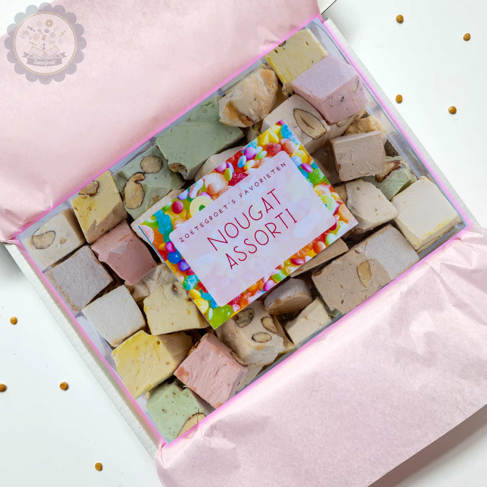 ZoeteGroet ZoeteGroet Favorieten: Nougat Assorti! Met tekst sticker naar keuze!