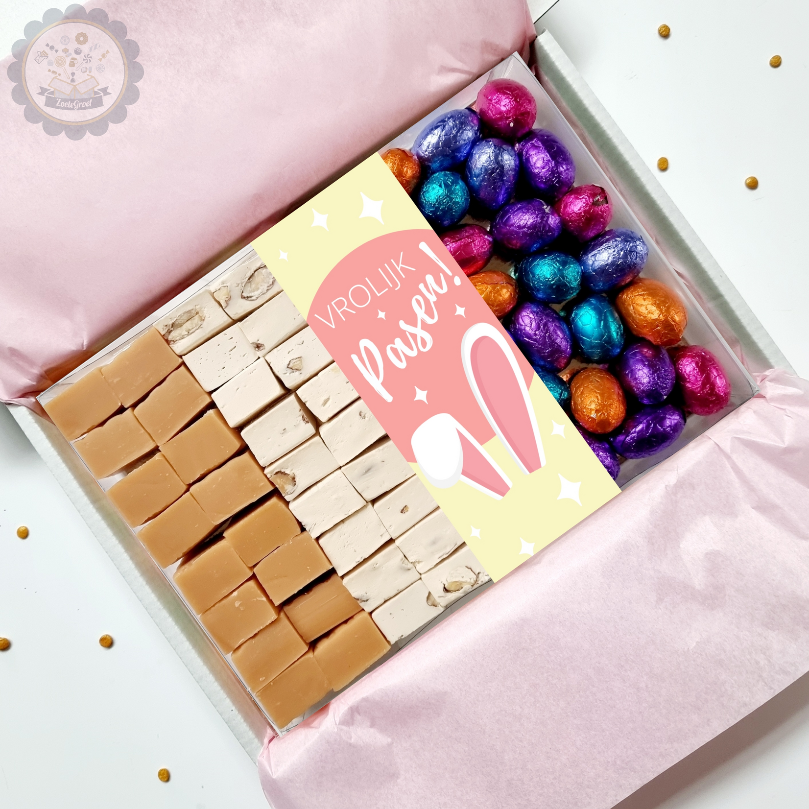 ZoeteGroet Cadeaubox Vrolijk Pasen: Fudge, Nougat & Paas Chocolade!