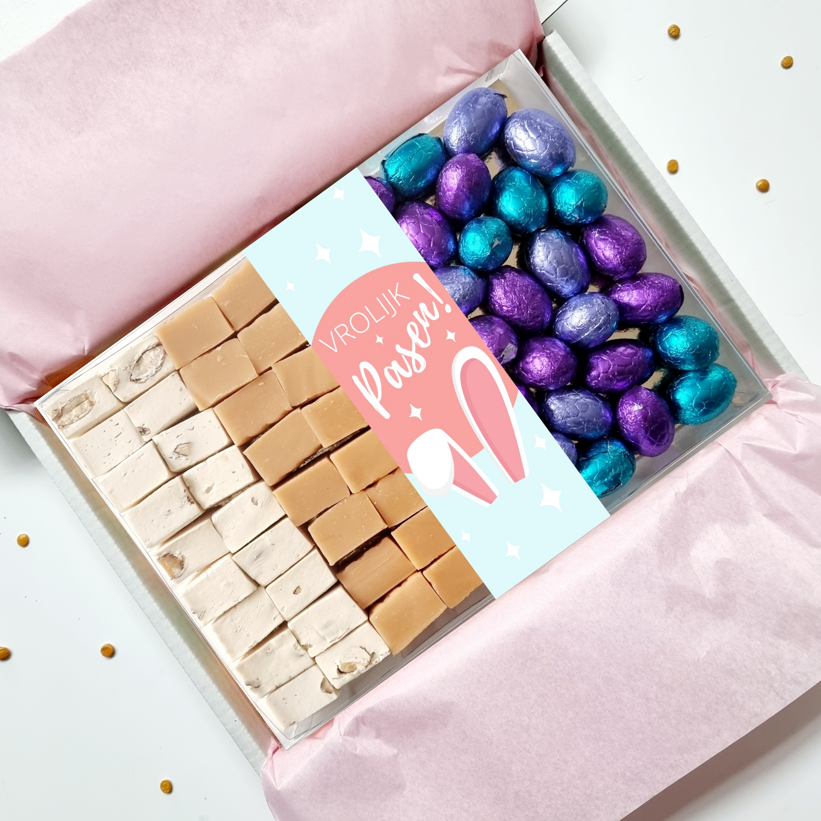 ZoeteGroet Cadeaubox Vrolijk Pasen: Fudge, Nougat & Paas Chocolade!