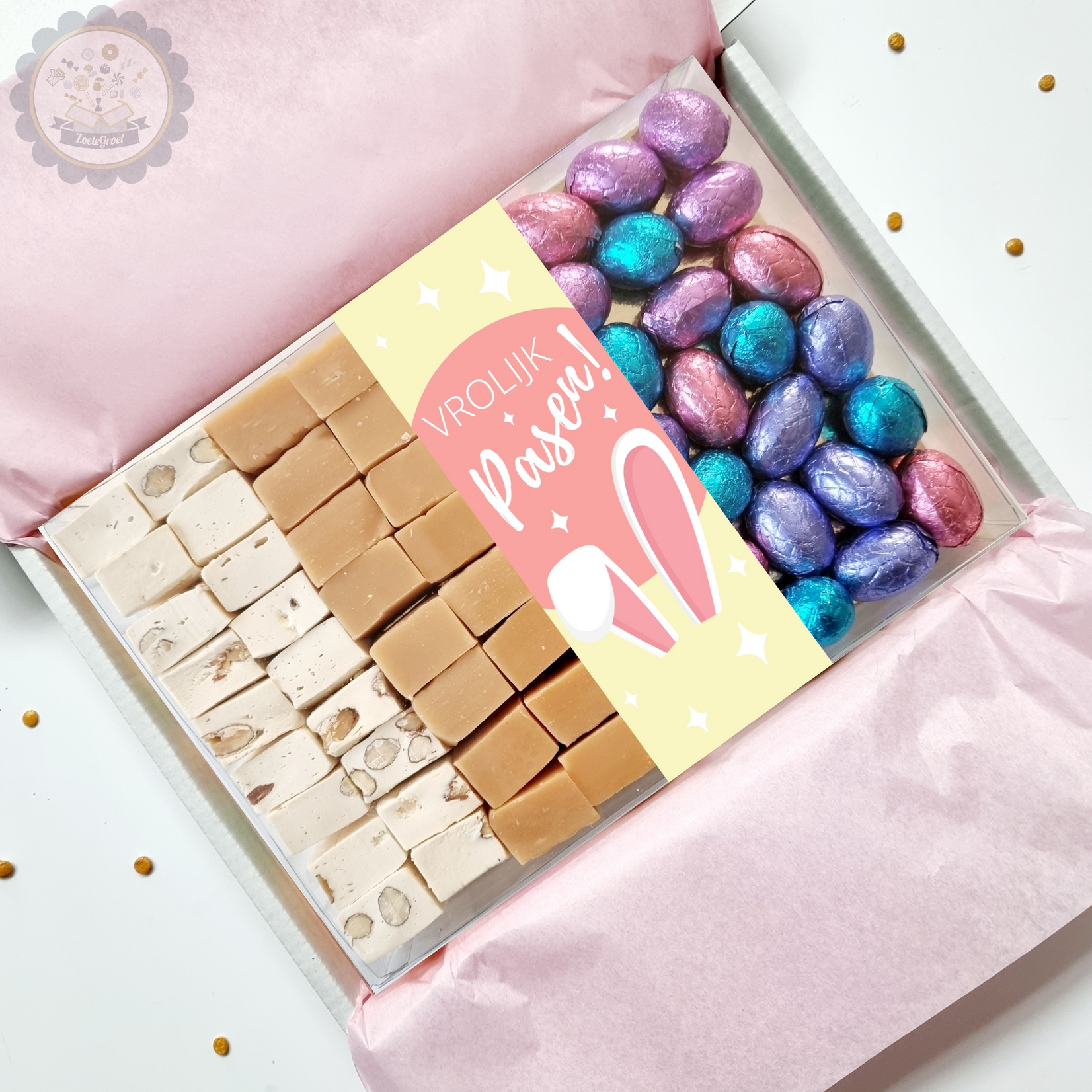 ZoeteGroet Cadeaubox Vrolijk Pasen: Fudge, Nougat & Paas Chocolade!