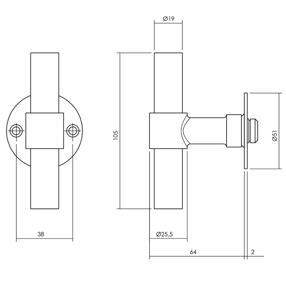Intersteel Gatdeel T-model recht + ronde platte rozet 50X2mm RVS/Zwart