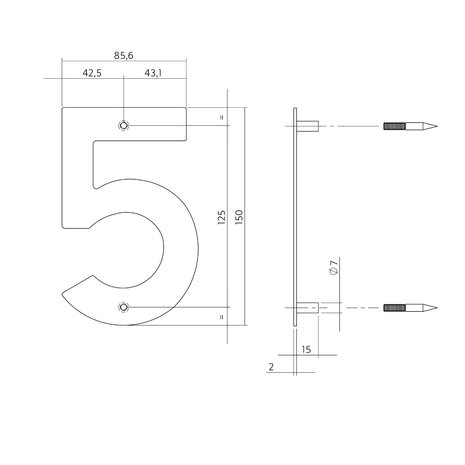 Intersteel Huisnummer 5 150x2mm geborsteld RVS Intersteel Huisnummer 5 150x2mm geborsteld RVS