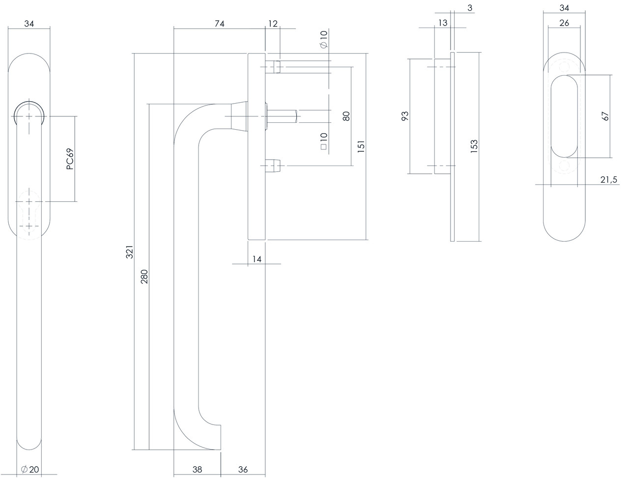 Intersteel Hef-/schuifdeurbeslag rond profielcilindergat geborsteld RVS