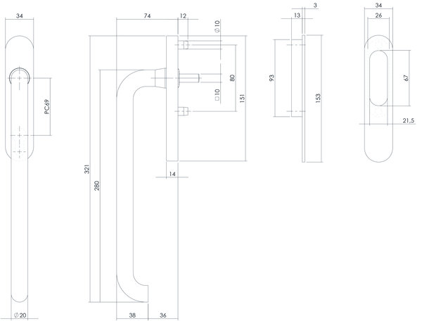 Intersteel Hef-/schuifdeurbeslag rond profielcilindergat geborsteld RVS