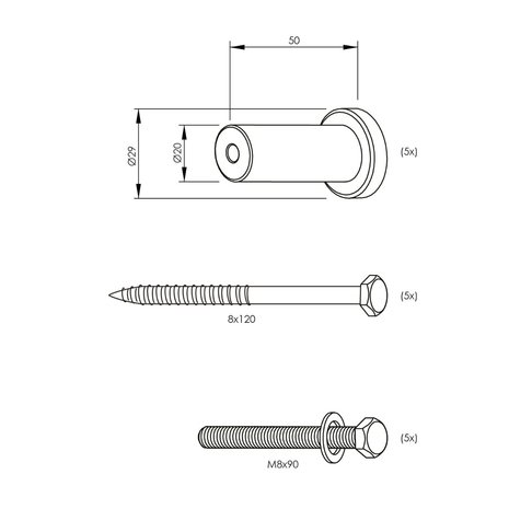 Intersteel Set van 5 verlengde ronde steunen 50mm tbv rail schuifdeursysteem mat zwart Intersteel Set van 5 verlengde ronde steunen 50mm tbv rail schuifdeursysteem mat zwart