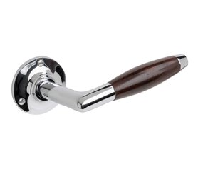 De Oude Deurklink Deurklinken Retro palissander geveerd met ronde rozetten in glanzend nikkel De Oude Deurklink Deurklinken Retro palissander geveerd met ronde rozetten in glanzend nikkel