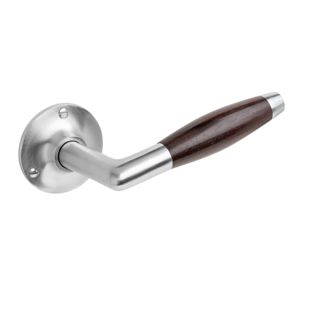 De Oude Deurklink Geveerde deurklink Retro palissander met ronde rozetten in mat nikkel De Oude Deurklink Geveerde deurklink Retro palissander met ronde rozetten in mat nikkel