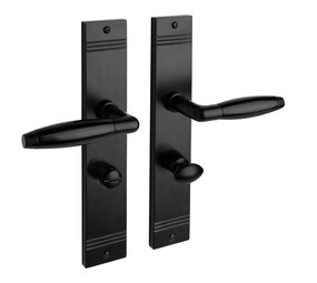 De Oude Deurklink Deurklink Retro geveerd mat zwart op schild met wc slot 63/8 mm De Oude Deurklink Deurklink Retro geveerd mat zwart op schild met wc slot 63/8 mm