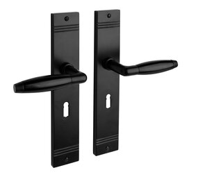 De Oude Deurklink Geveerde deurklink Retro mat zwart op schild met sleutelgat De Oude Deurklink Geveerde deurklink Retro mat zwart op schild met sleutelgat